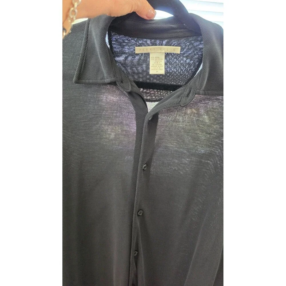 VTG Y2K Perry Ellis Mens L Sheer Shirt Black Button Up 90s Minimalist USA